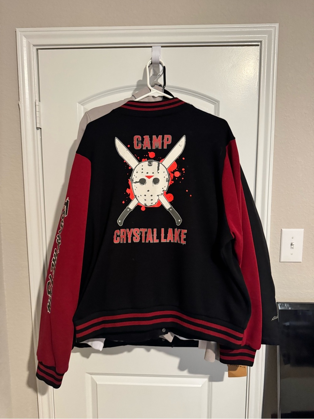 Black & Burgundy Varsity Bomber Jacket with Jason Friday The 13th Graphics. - Picture 3 of 3